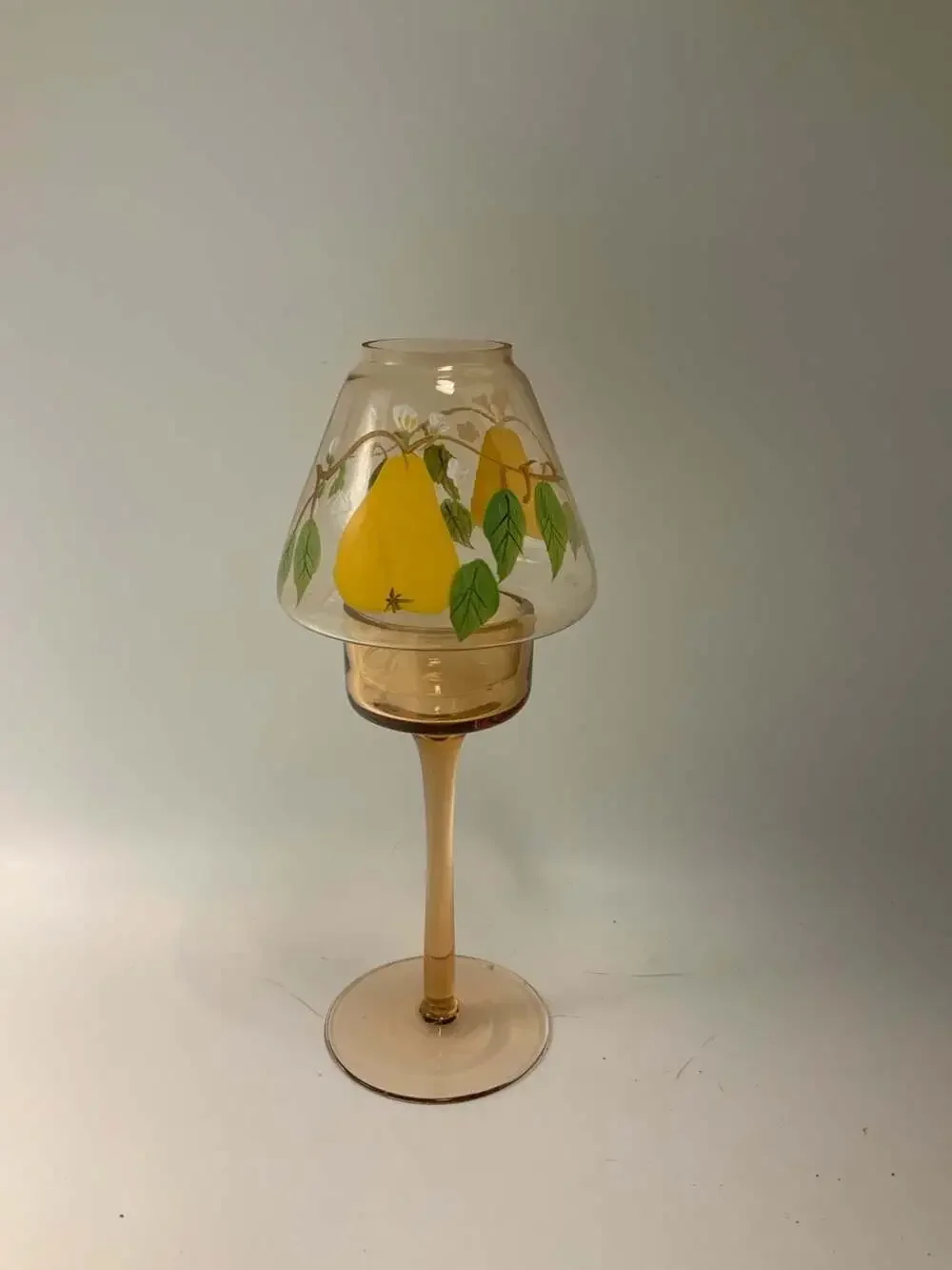 Amber Glass Pedestal Votive Candle Holder with Hand-Painted Pear